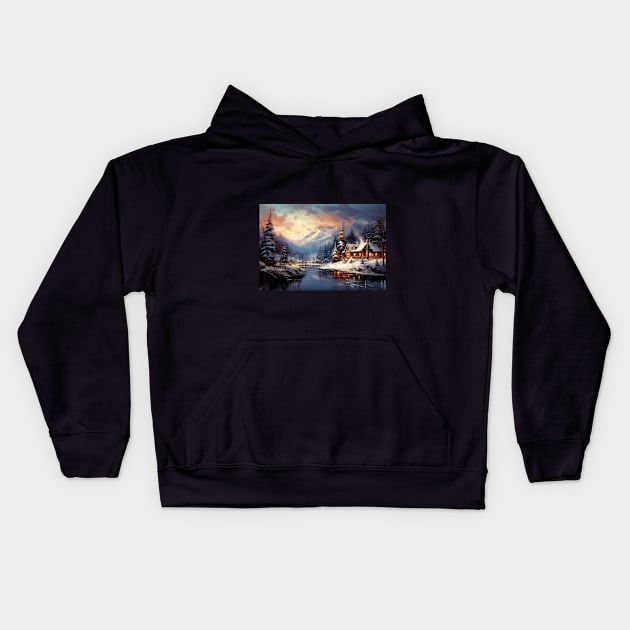 Oil Painting of a Mountain Cabin in Winter Kids Hoodie by jecphotography